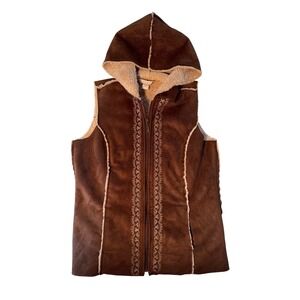 Lucy & Laurel Brown Faux Suede Sherpa Lined Hooded Vest Embroidered Womens Small